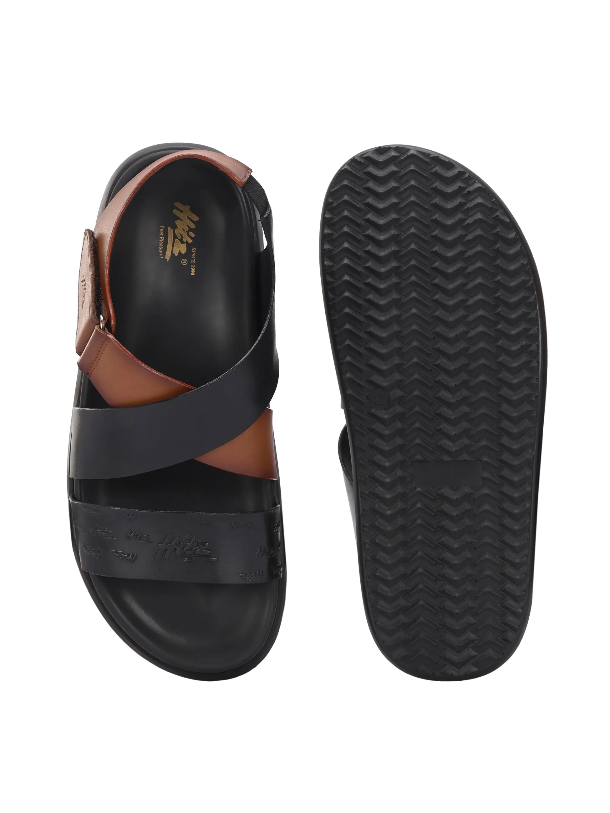 Hitz Men's Black Leather Casual Daily Wear Velcro Sandals