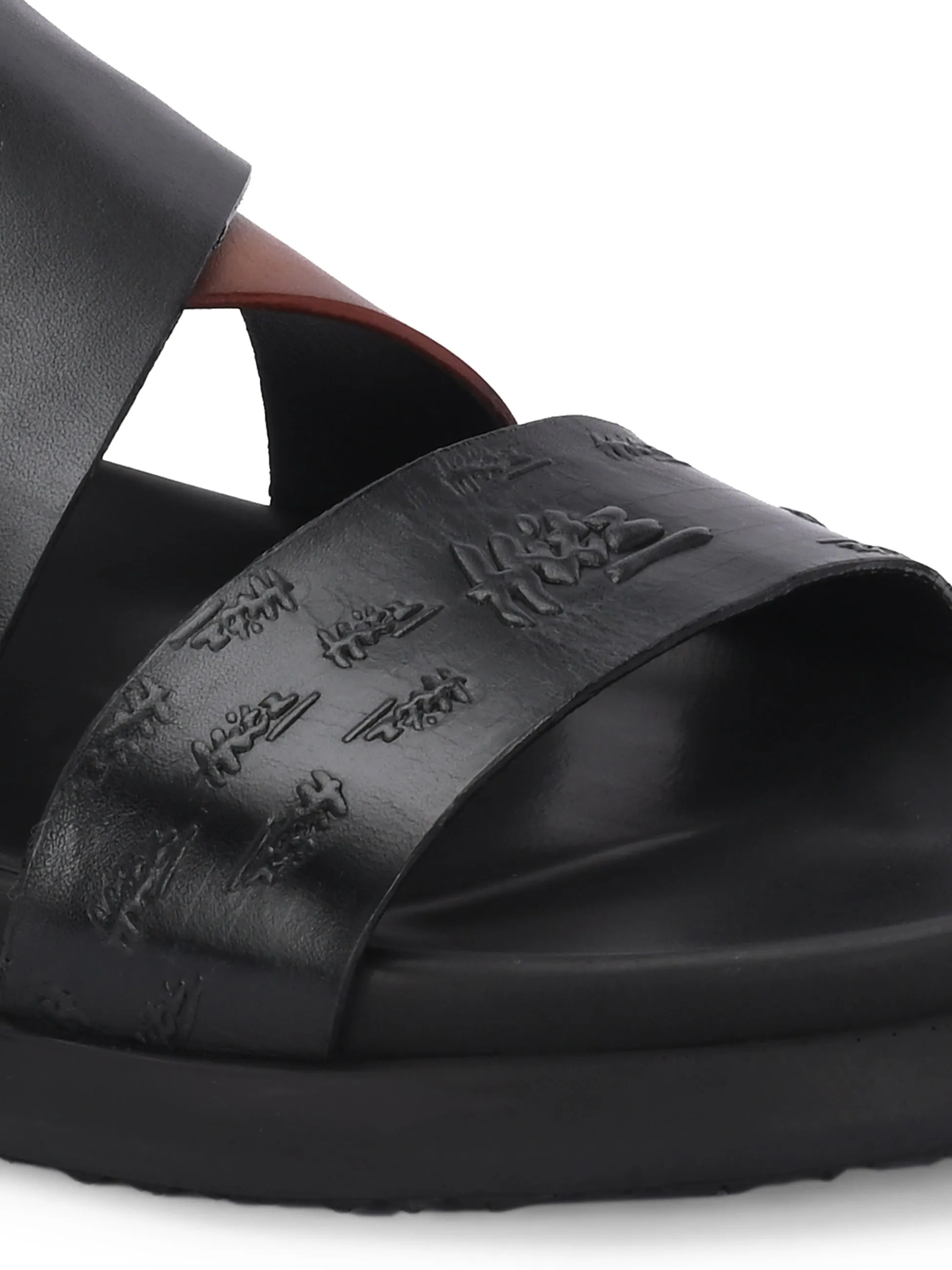 Hitz Men's Black Leather Casual Daily Wear Velcro Sandals