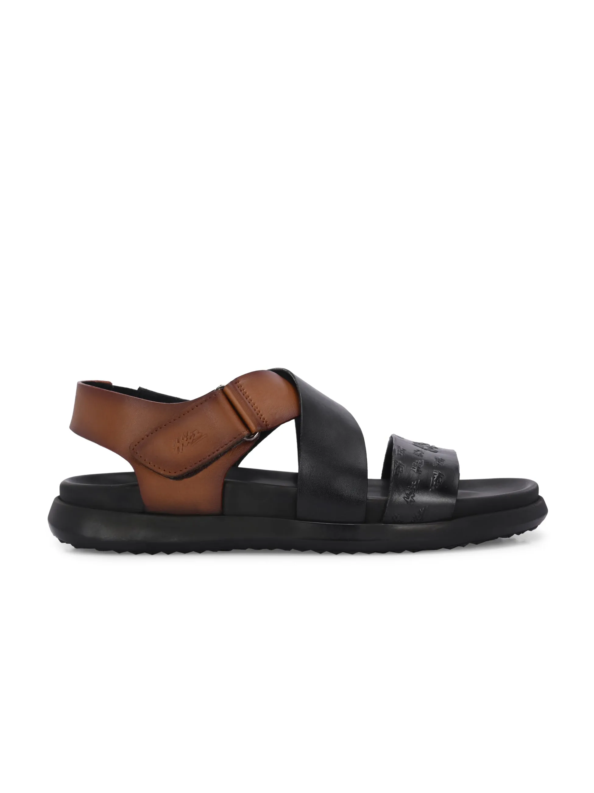 Hitz Men's Black Leather Casual Daily Wear Velcro Sandals