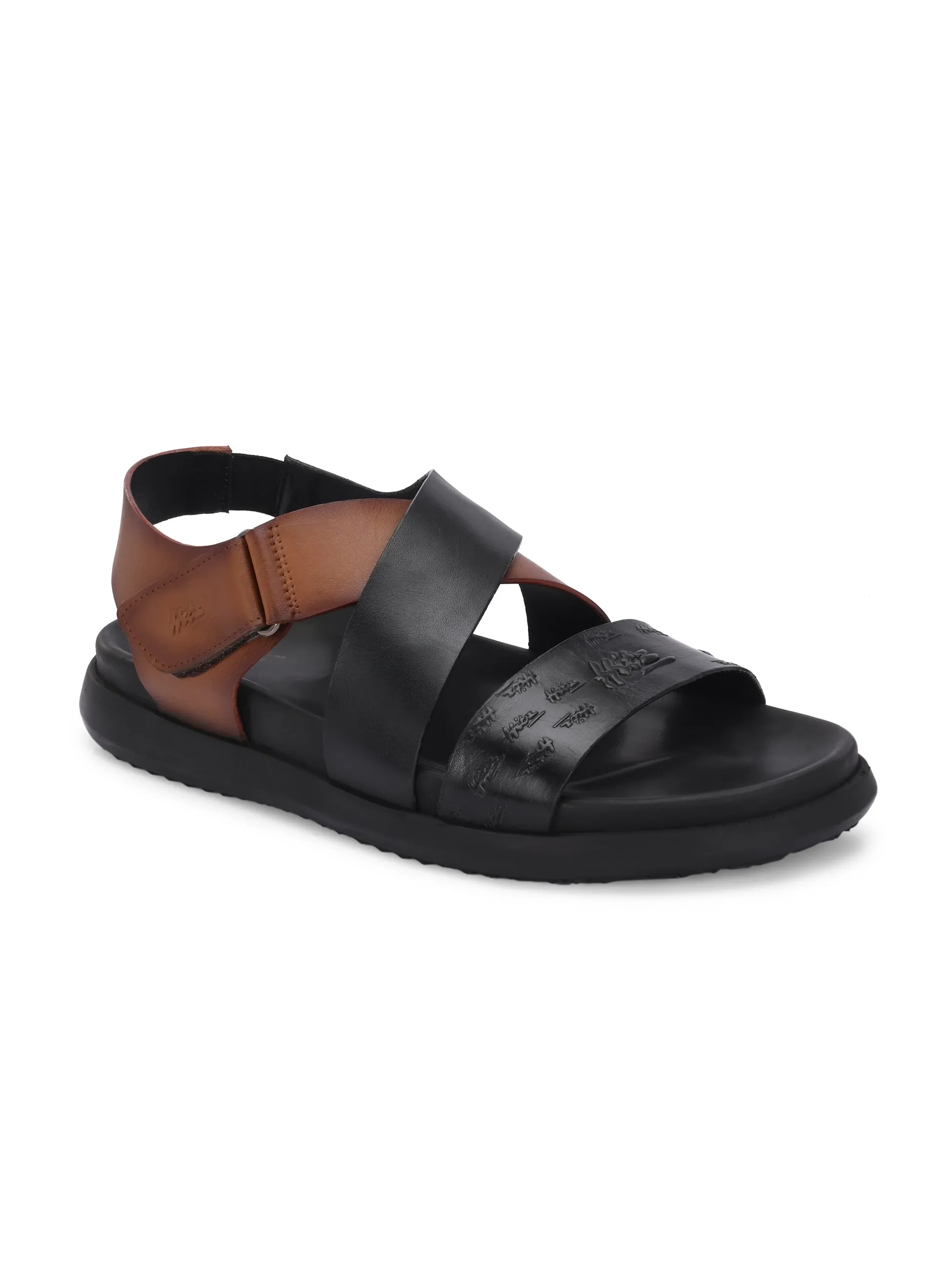 Hitz Men's Black Leather Casual Daily Wear Velcro Sandals