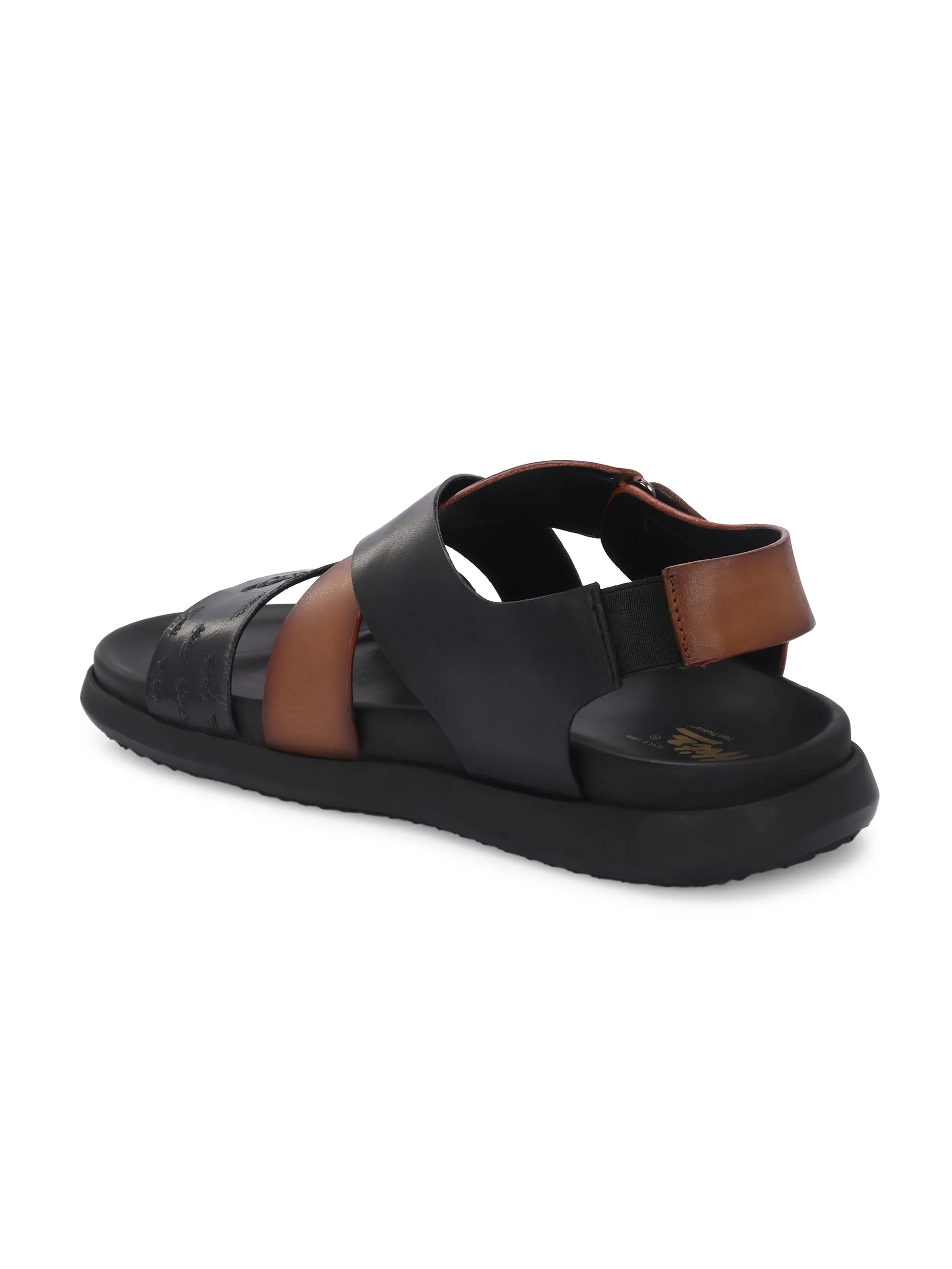 Hitz Men's Black Leather Casual Daily Wear Velcro Sandals