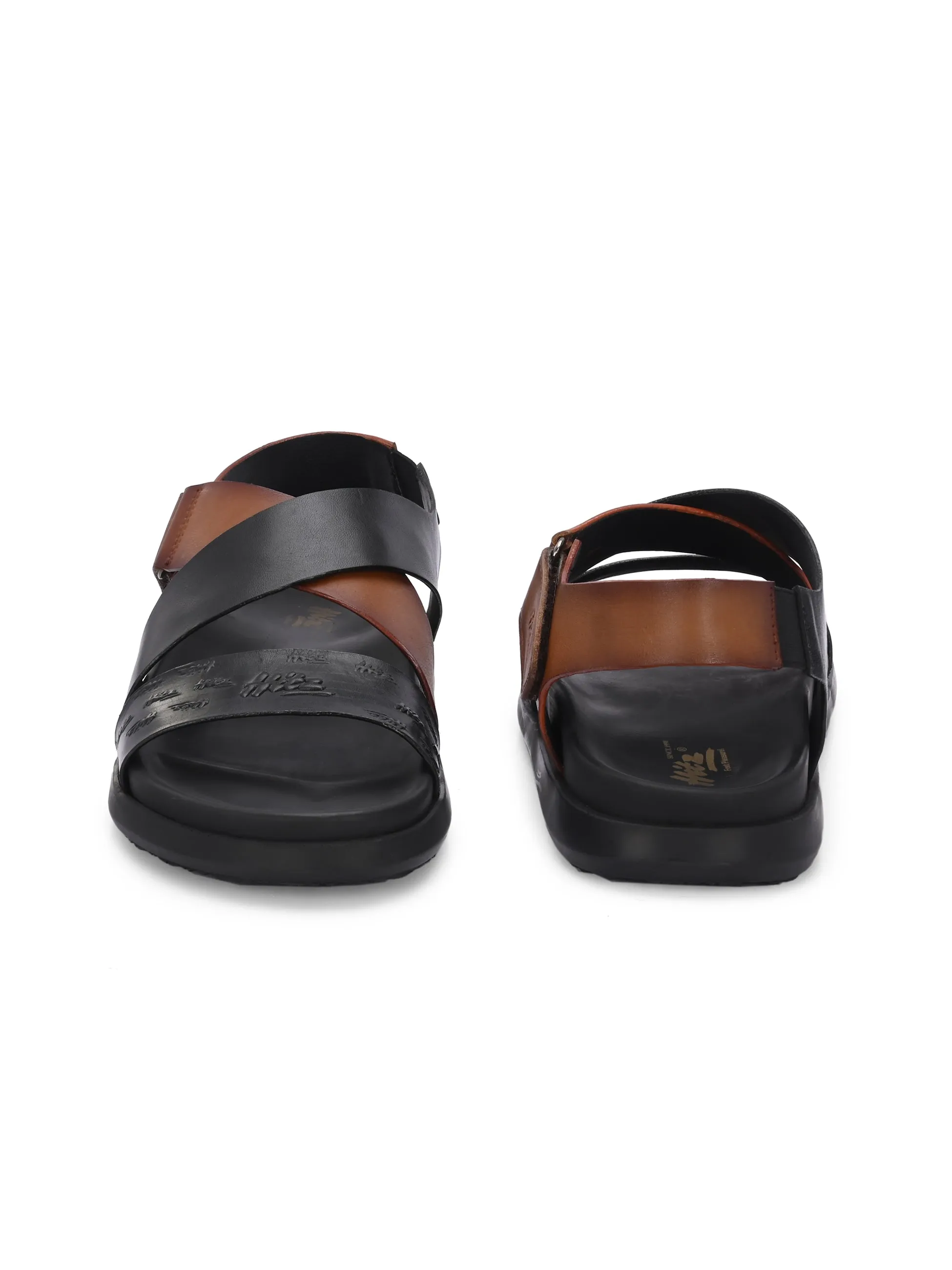 Hitz Men's Black Leather Casual Daily Wear Velcro Sandals