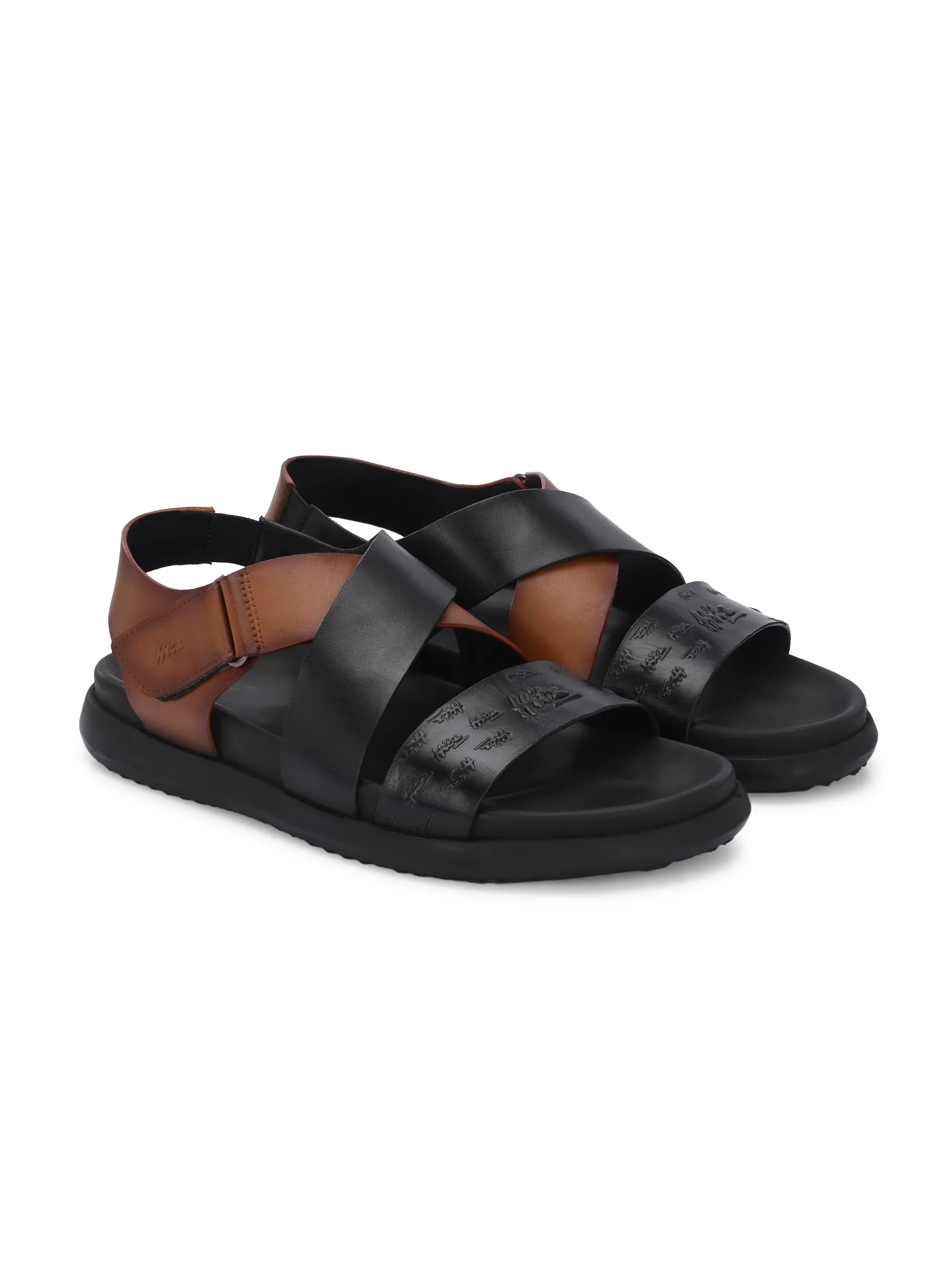 Hitz Men's Black Leather Casual Daily Wear Velcro Sandals