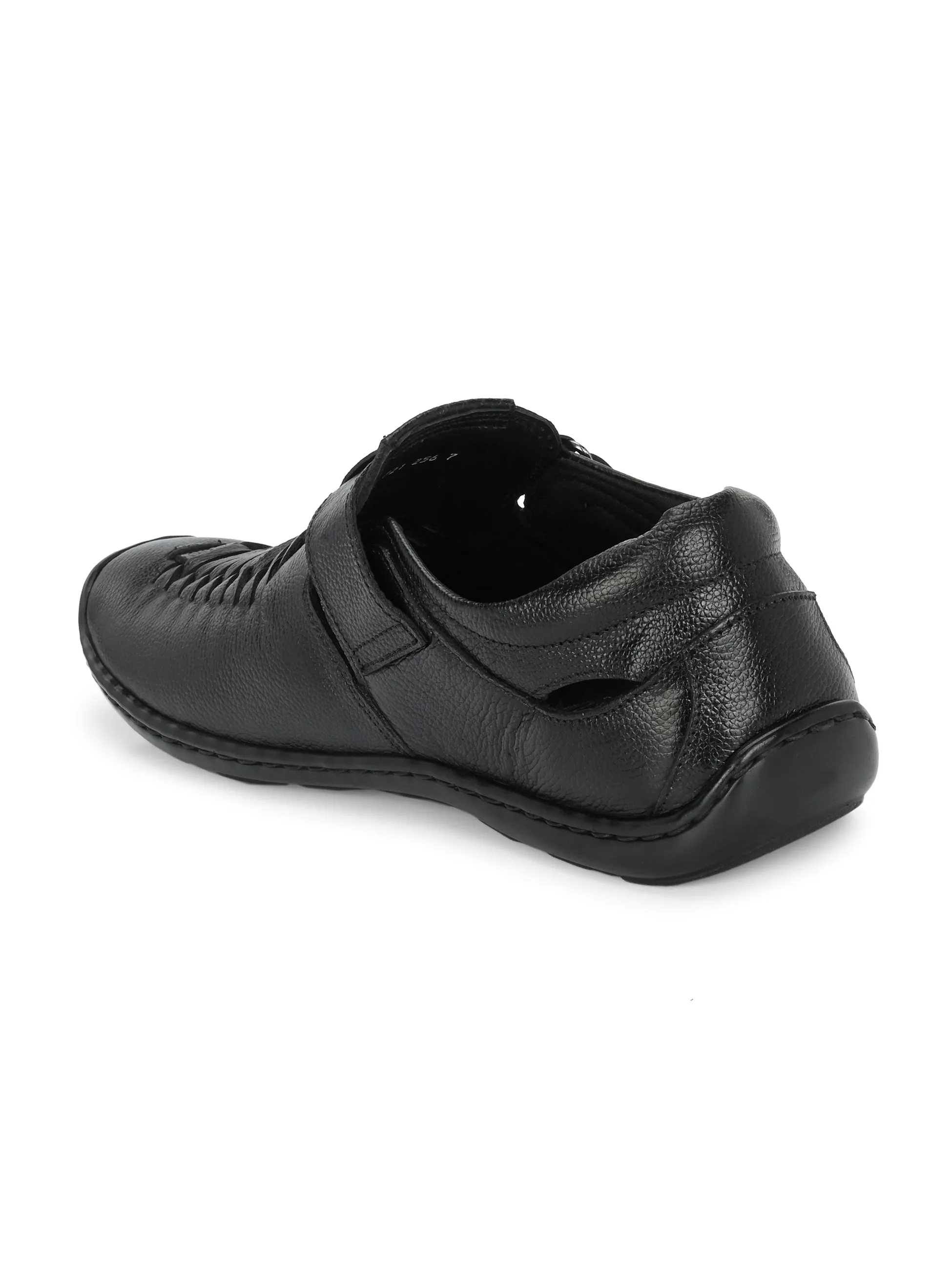 Hitz Men's Black Leather Shoe Style Sandals with Velcro Closure
