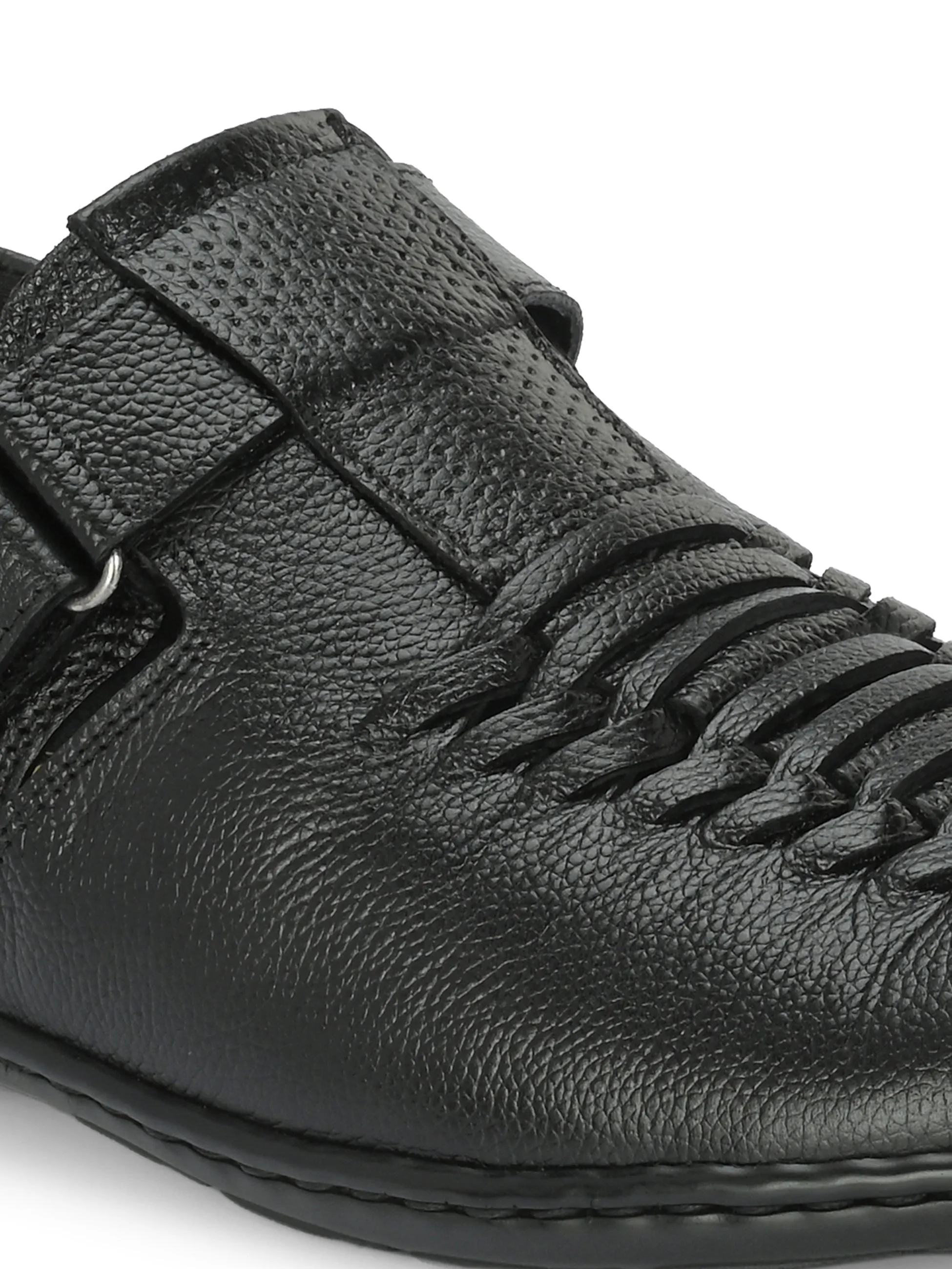 Hitz Men's Black Leather Shoe Style Sandals with Velcro Closure