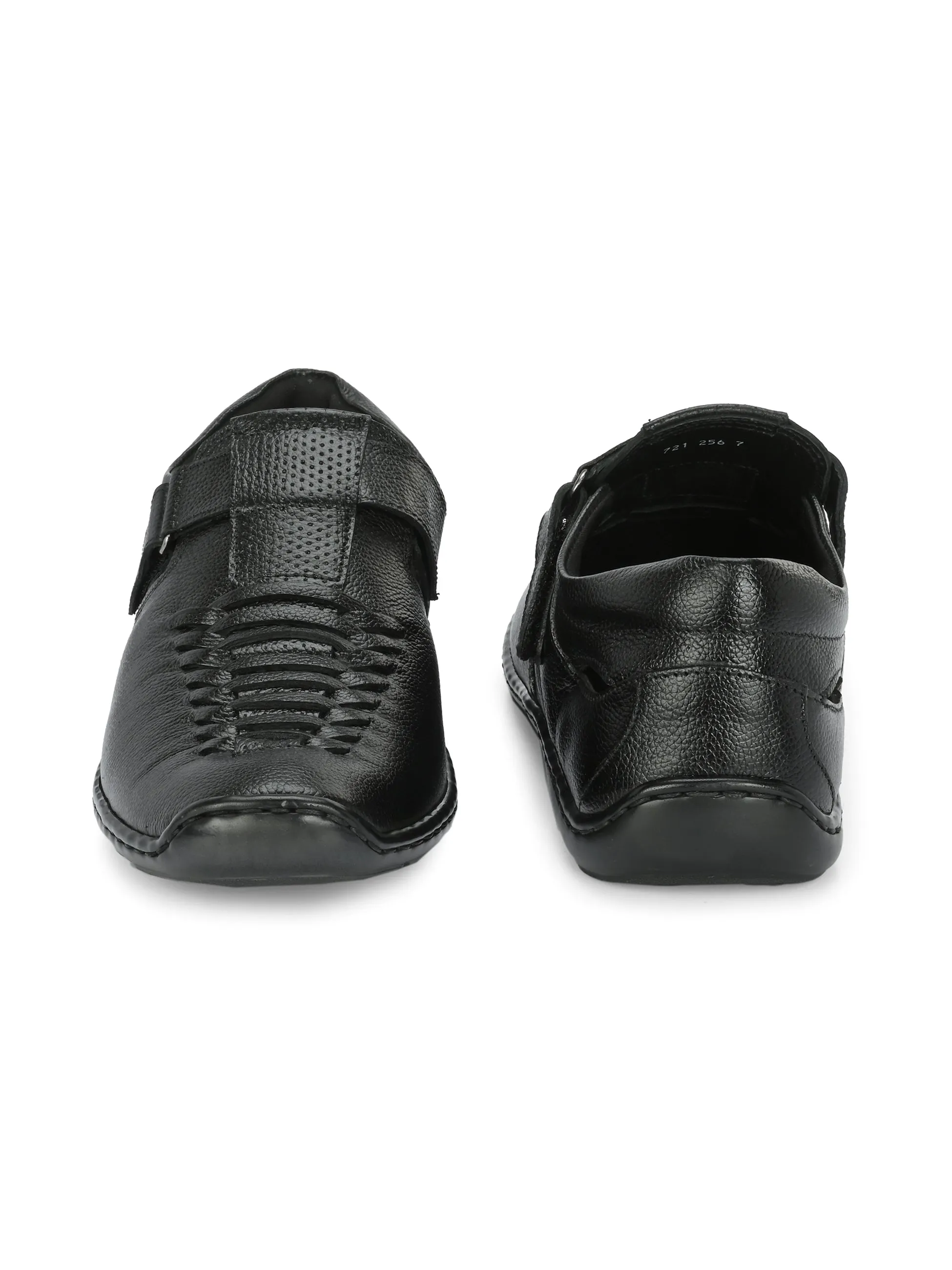 Hitz Men's Black Leather Shoe Style Sandals with Velcro Closure