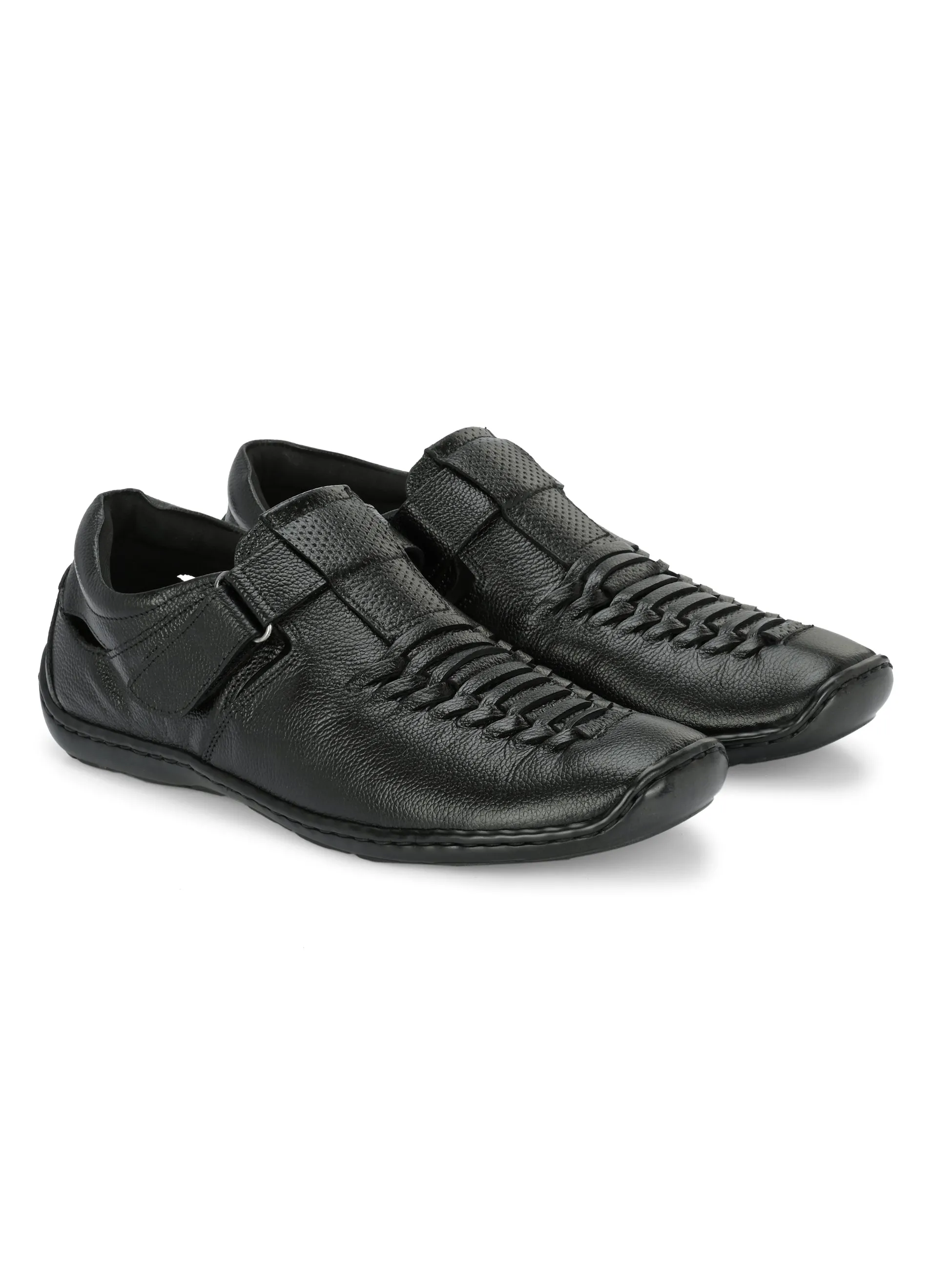 Hitz Men's Black Leather Shoe Style Sandals with Velcro Closure