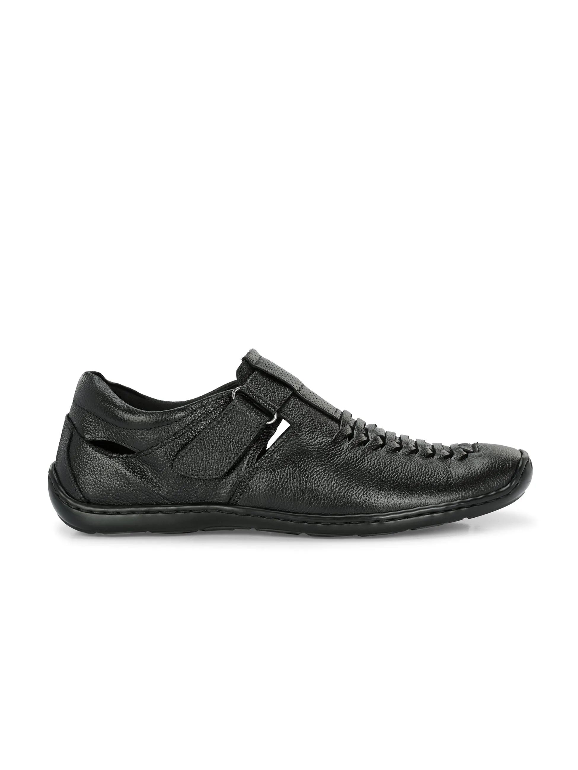 Hitz Men's Black Leather Shoe Style Sandals with Velcro Closure