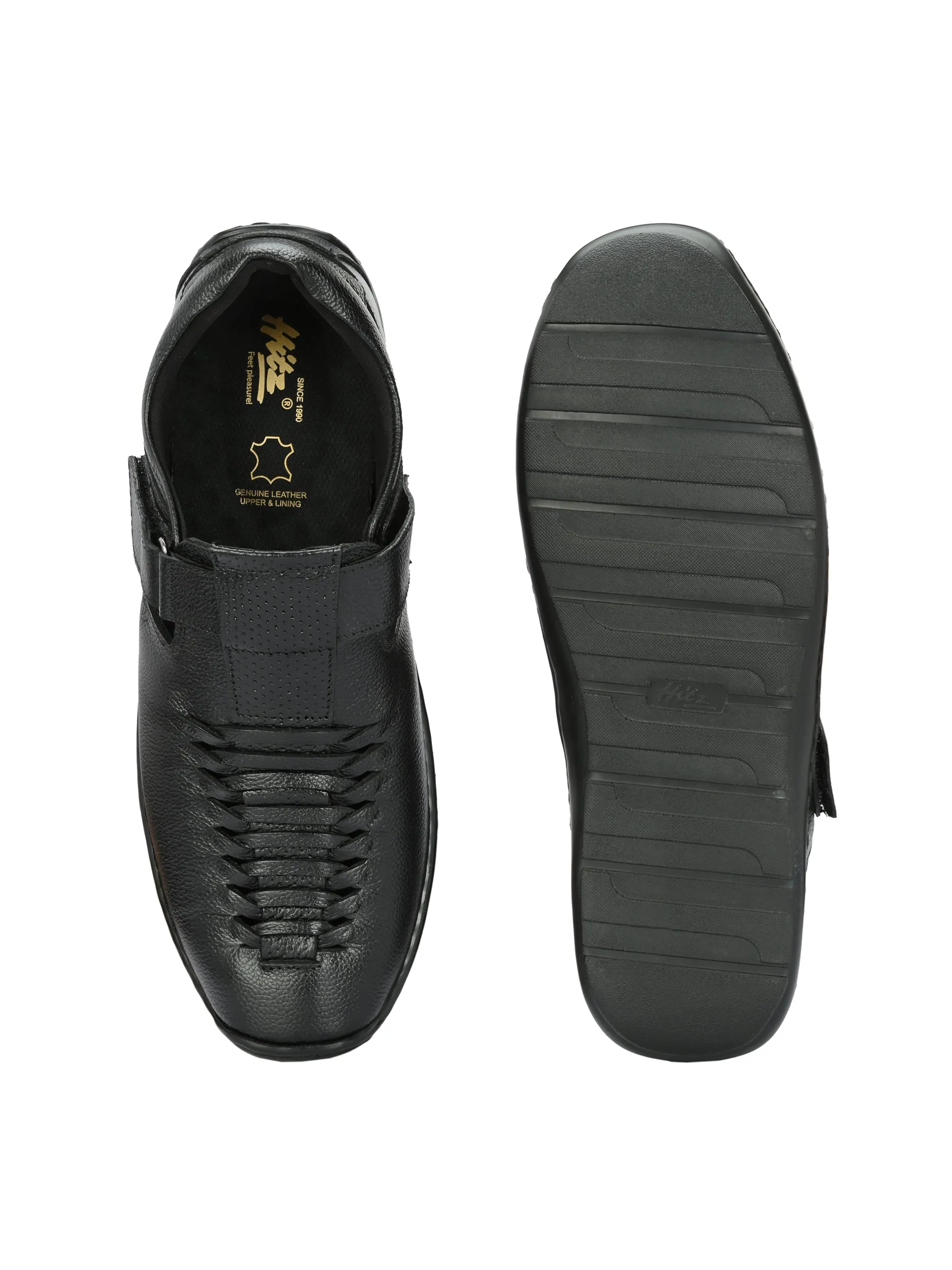 Hitz Men's Black Leather Shoe Style Sandals with Velcro Closure