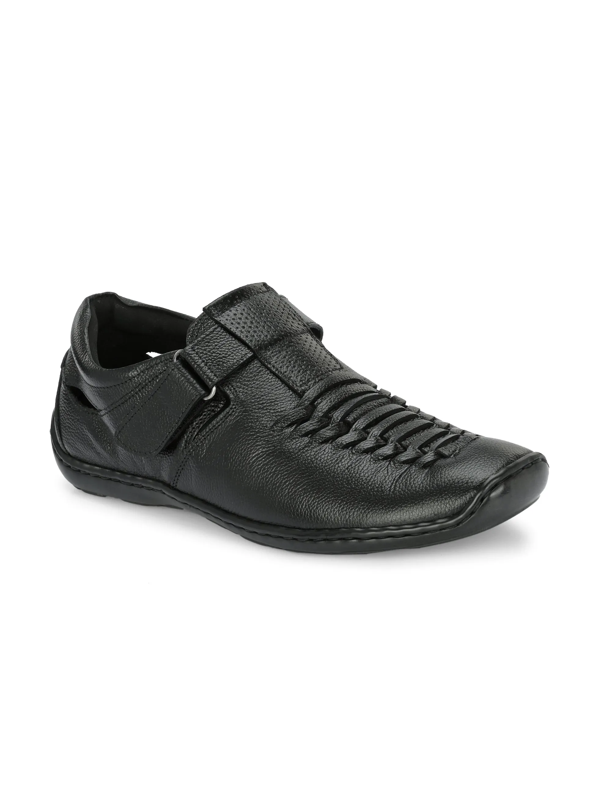 Hitz Men's Black Leather Shoe Style Sandals with Velcro Closure