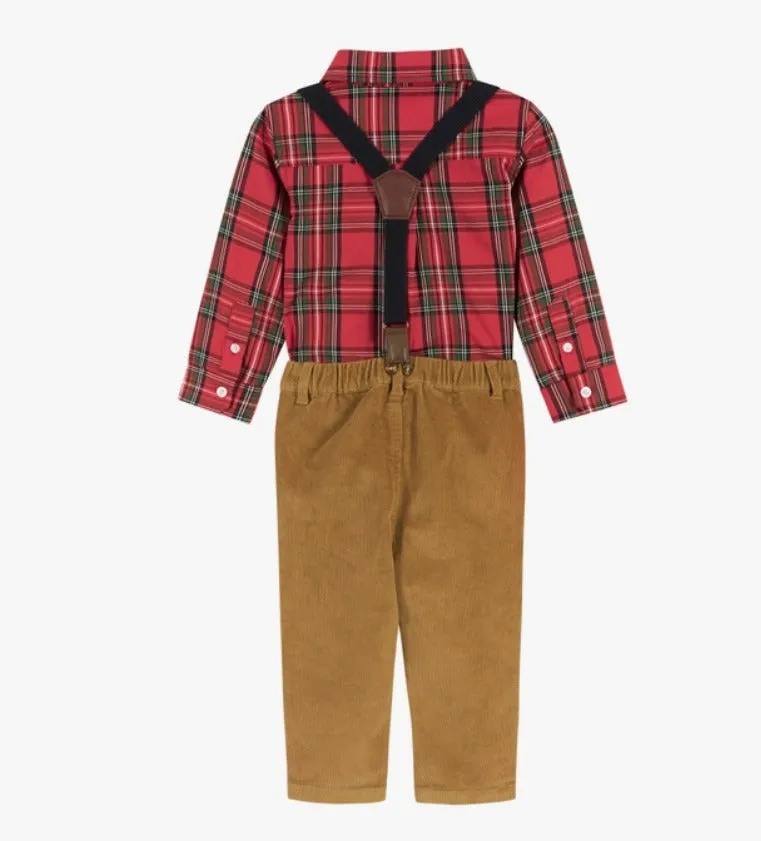 Infant Flannel Button Down With Suspenders Set - Red Plaid