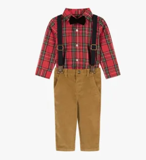 Infant Flannel Button Down With Suspenders Set - Red Plaid