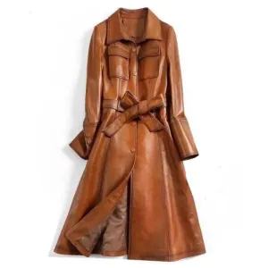 Italian Style Womens Winter Wax Tan Leather Trench Coat