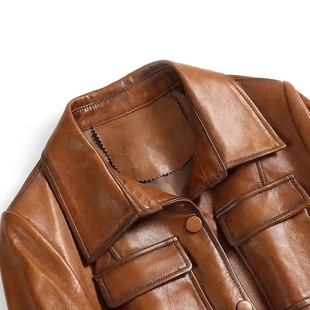 Italian Style Womens Winter Wax Tan Leather Trench Coat
