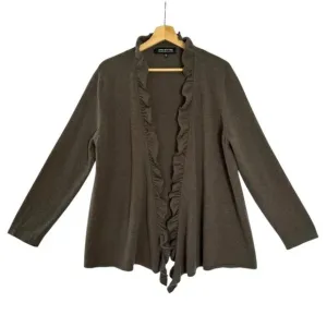 Jones New York Collection Brown 100% Cashmere Ruffle Open Front Cardigan Size XL