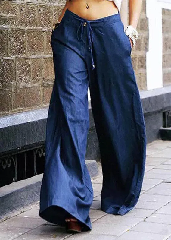 Light blue casual pocket tie patchwork denim wide leg pants summer