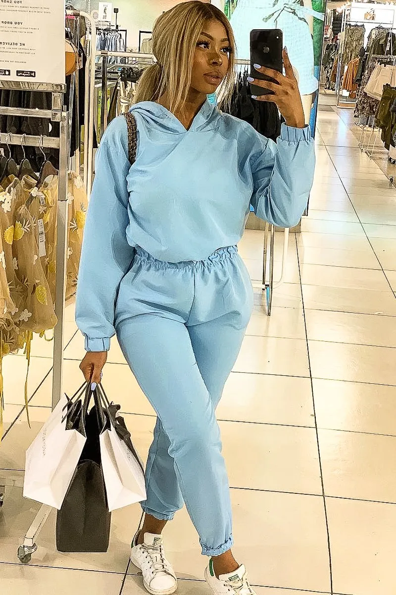 Light Blue Woven Drawstring Hoodie Jogger Co-Ord - Elvira