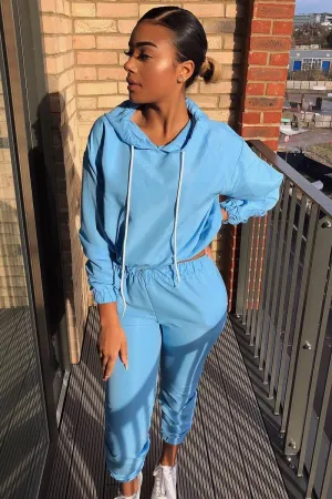 Light Blue Woven Drawstring Hoodie Jogger Co-Ord - Elvira