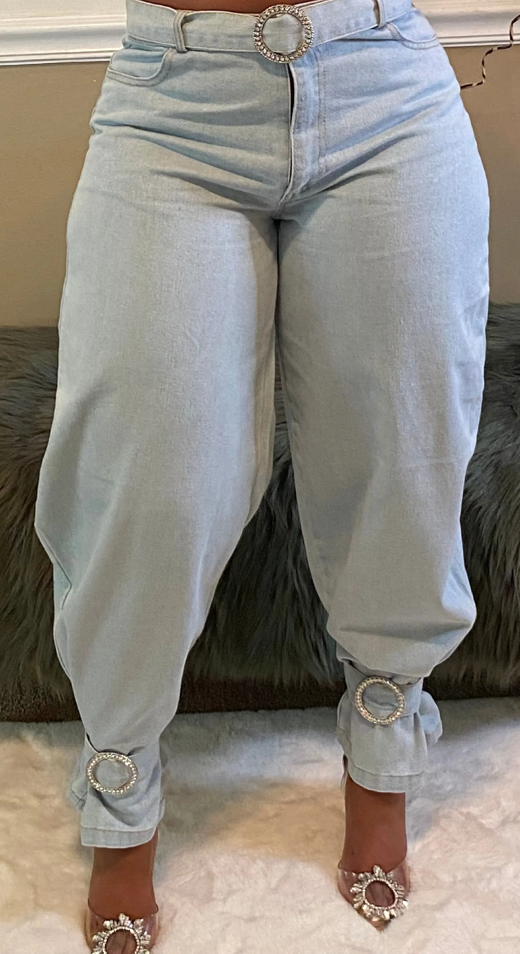 light Denim Leg Buckle Jeans