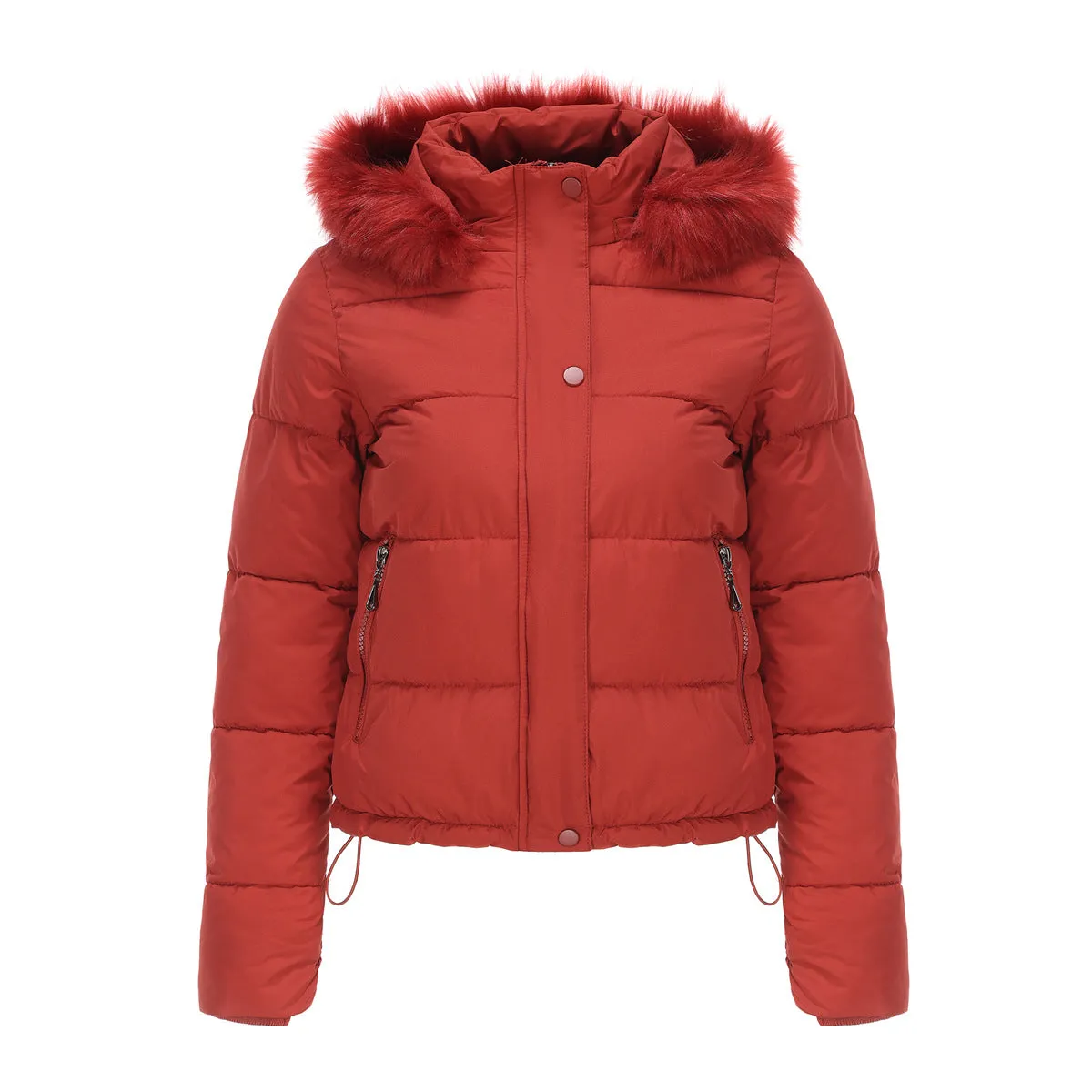 Long Sleeve Fur Trim Hood Puffer Coat