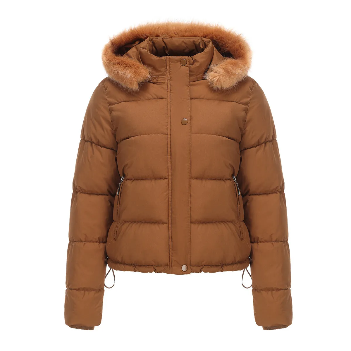 Long Sleeve Fur Trim Hood Puffer Coat