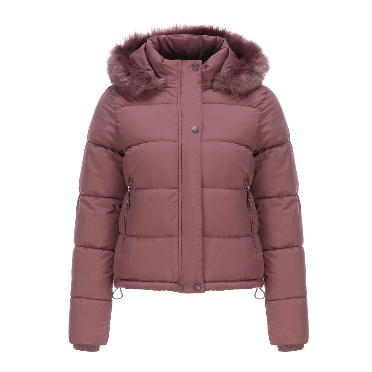 Long Sleeve Fur Trim Hood Puffer Coat