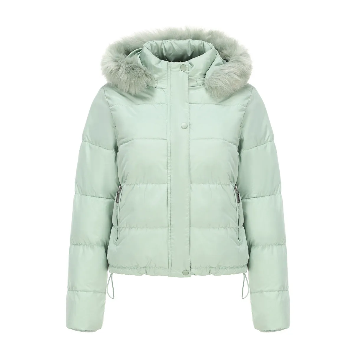 Long Sleeve Fur Trim Hood Puffer Coat