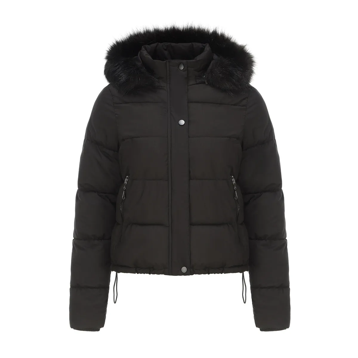 Long Sleeve Fur Trim Hood Puffer Coat