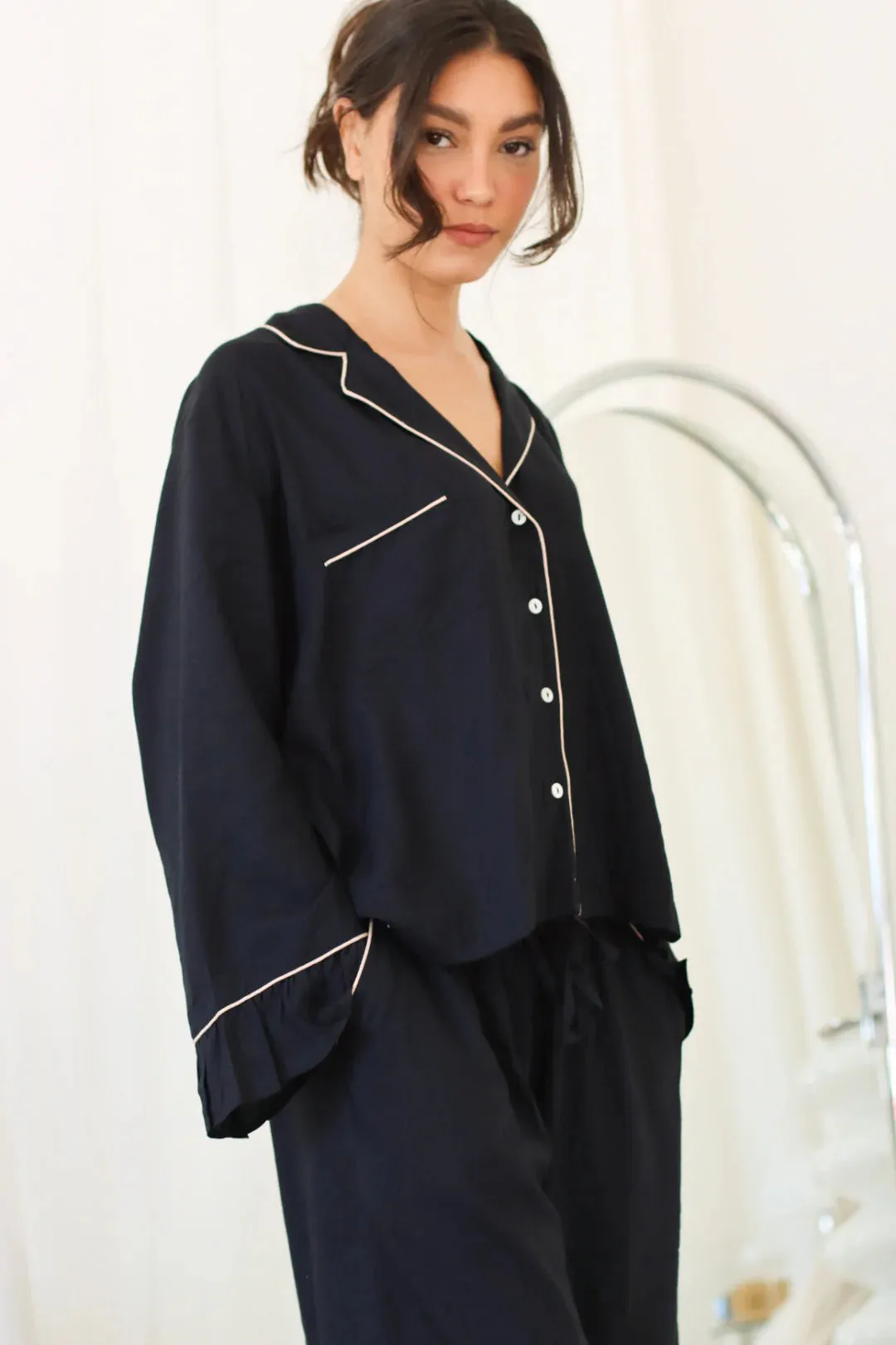 Loungewear Set Frill Cuff Black Solid Rayon