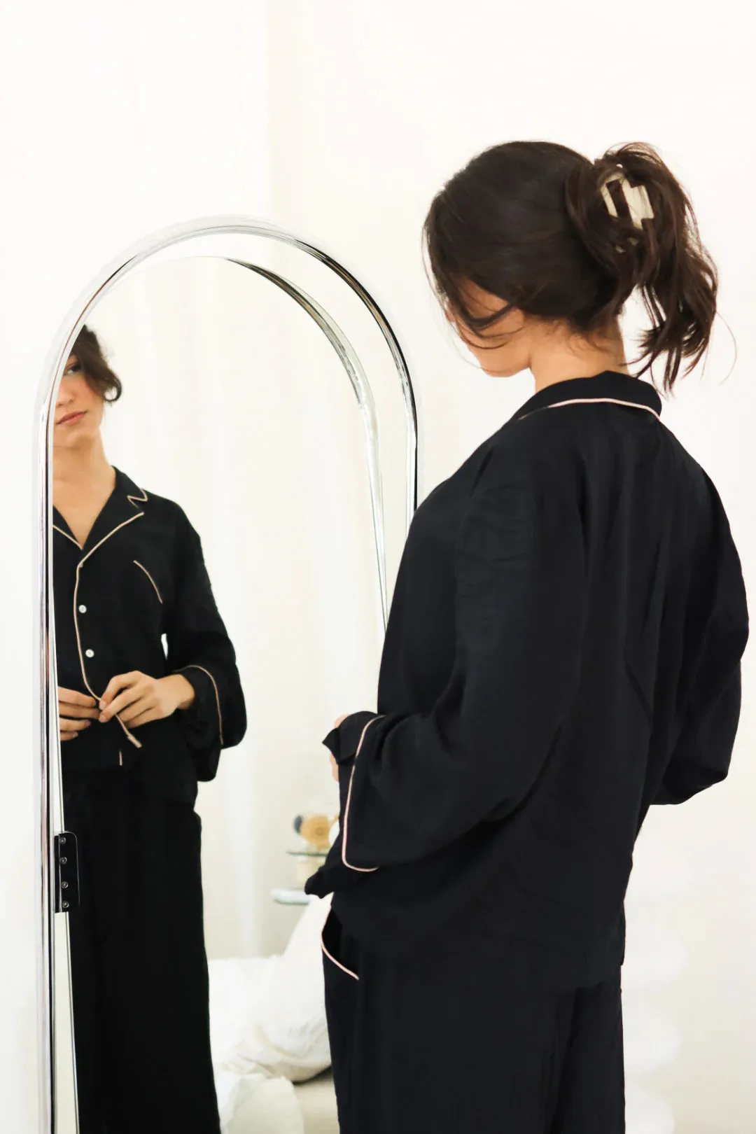 Loungewear Set Frill Cuff Black Solid Rayon
