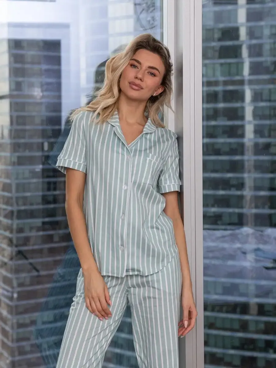 Loungewear Set Turquoise Striped 100% Cotton