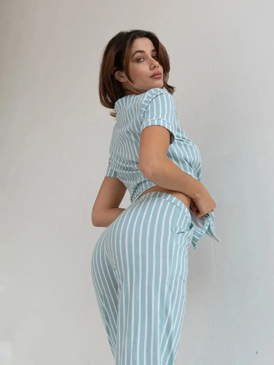 Loungewear Set Turquoise Striped 100% Cotton