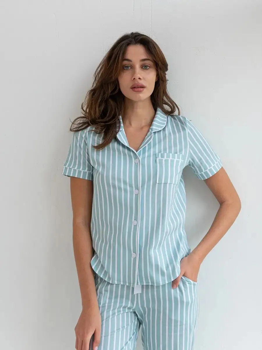 Loungewear Set Turquoise Striped 100% Cotton
