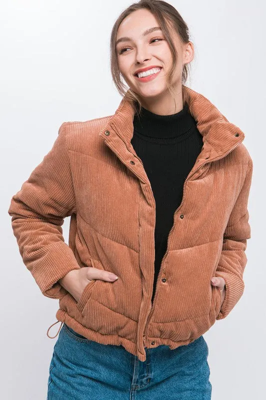 Love Tree Corduroy Puffer Jacket with Toggle Detail