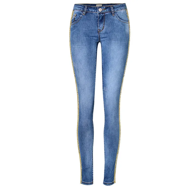 Low-waist Double-sided Metal-embroidered Sequined Stretch Jeans