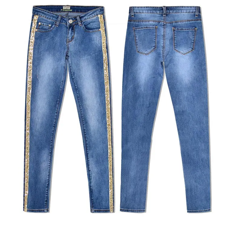 Low-waist Double-sided Metal-embroidered Sequined Stretch Jeans