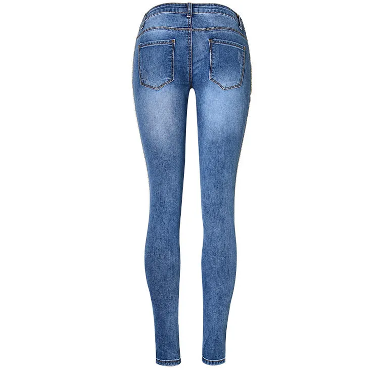 Low-waist Double-sided Metal-embroidered Sequined Stretch Jeans