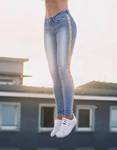 Low-waist Double-sided Metal-embroidered Sequined Stretch Jeans