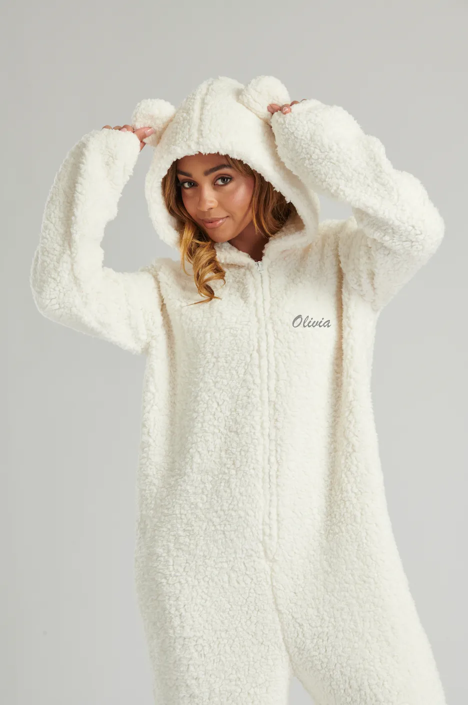 Lulabay ladies luxury borg personalised onesie Cream