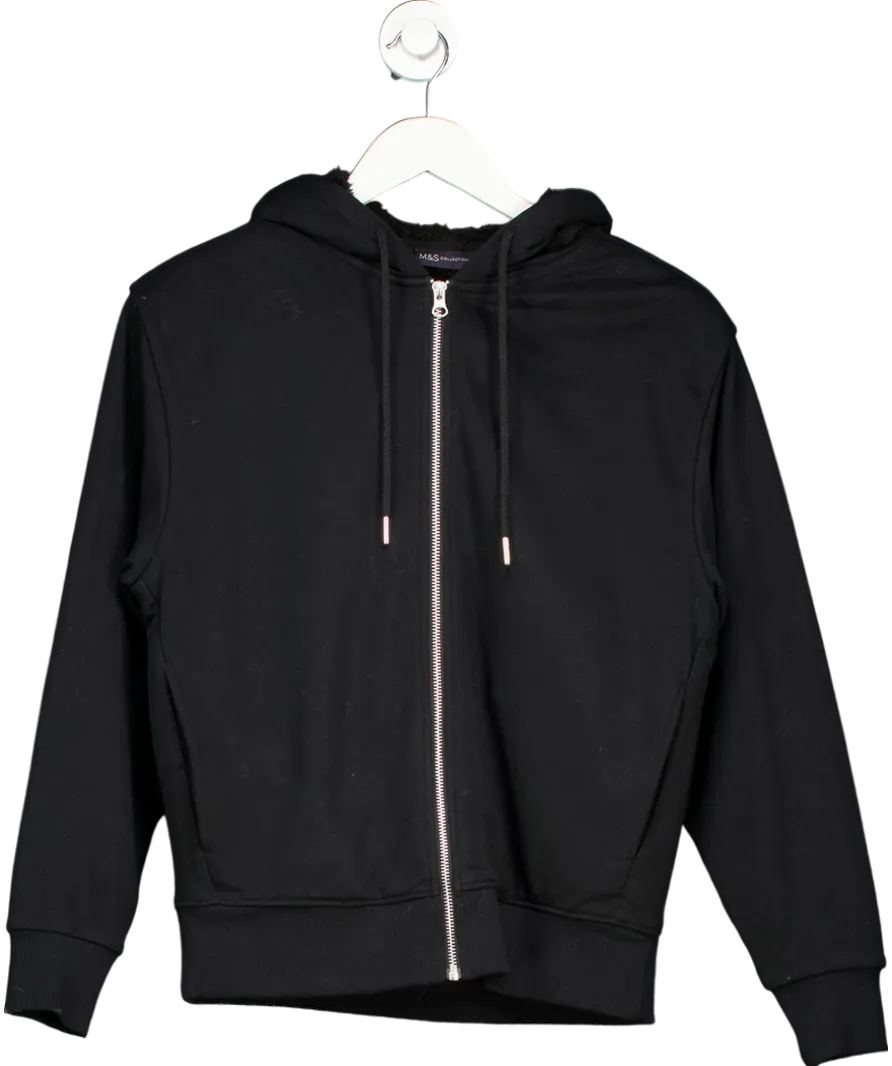 M&S Black Pure Cotton Fleece Lined Hoodie UK XS