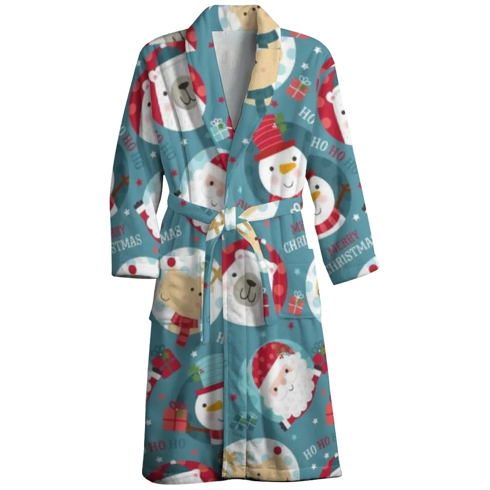Mens Belt Merry Christmas Snowman Print Fleece Lounge Robe