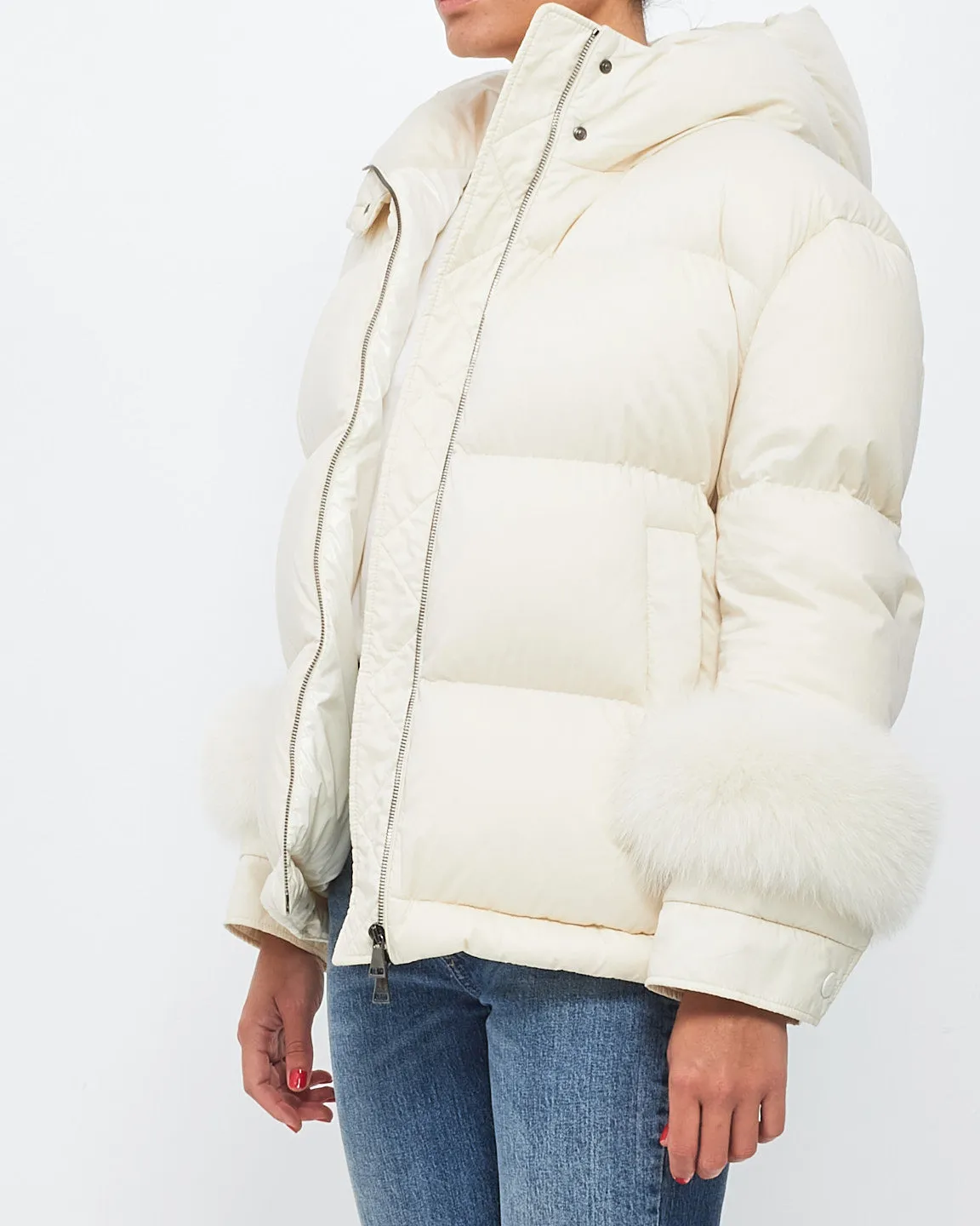 Moncler White Fraie Puffer Jacket w/ Fur Cuffs - 2