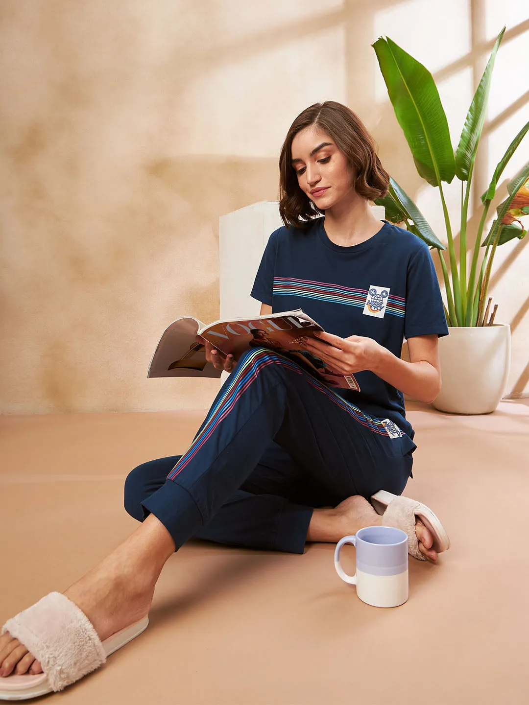 mSECRET Striped T-shirt & Jogger Navy Blue Nightsuit