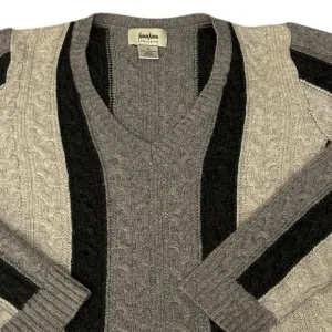 Neiman Marcus Gray Black Cable Knit V-Neck‎ 100% Cashmere Stripe Sweater Size M