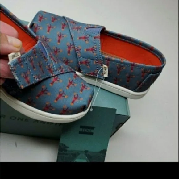 NEW 8 TOMS LOBSTER PRINT VELCRO BLUE red nautical boys preppy Montauk SHOES NWT