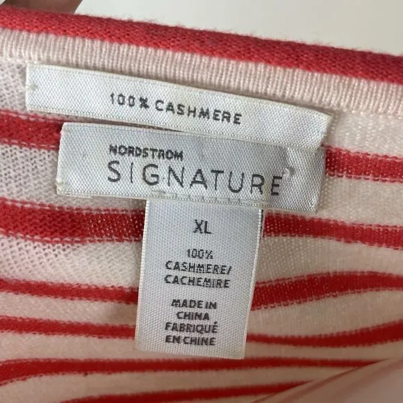 Nordstrom Signature Women XL Striped Ivory Red Cashmere Classic Luxury Sweater