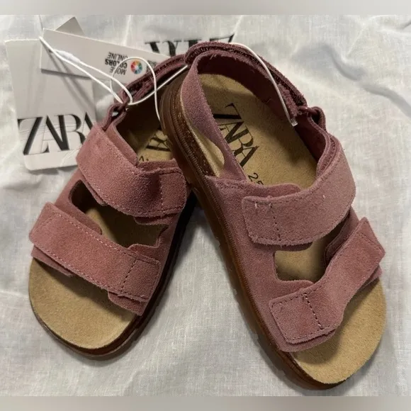 NWT Zara kids mauve pink suede sandal slipper shoes Velcro leather girls toddler