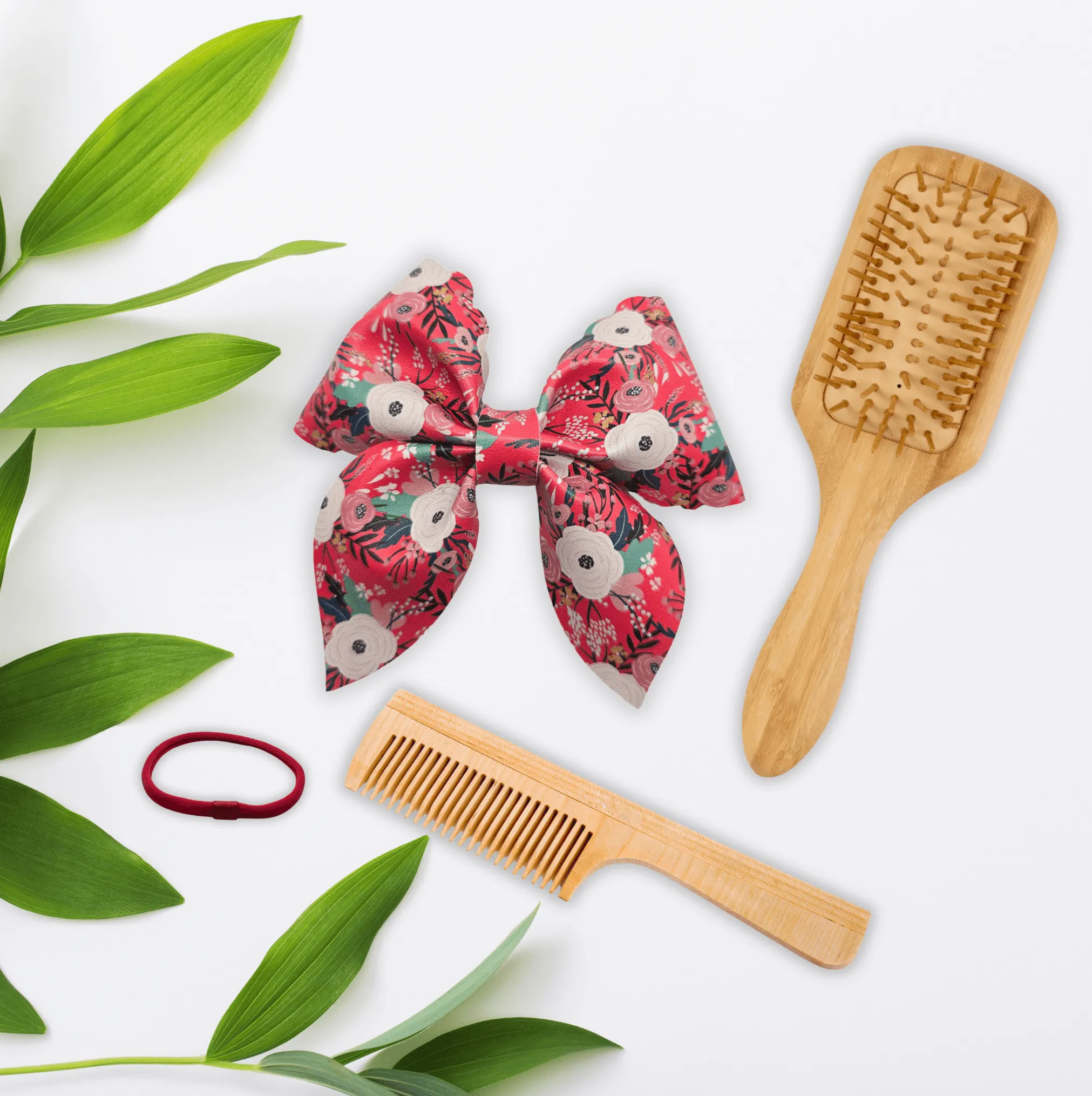 Pink Flowers Fable - Faux Leather Hair Bow