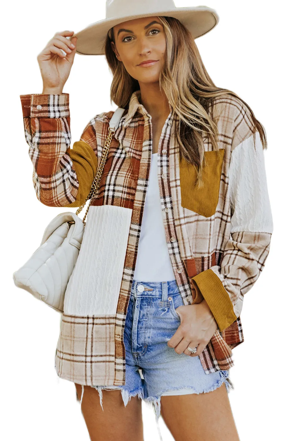 Plaid Color Block Patchwork Shirt Jacket with Pocket