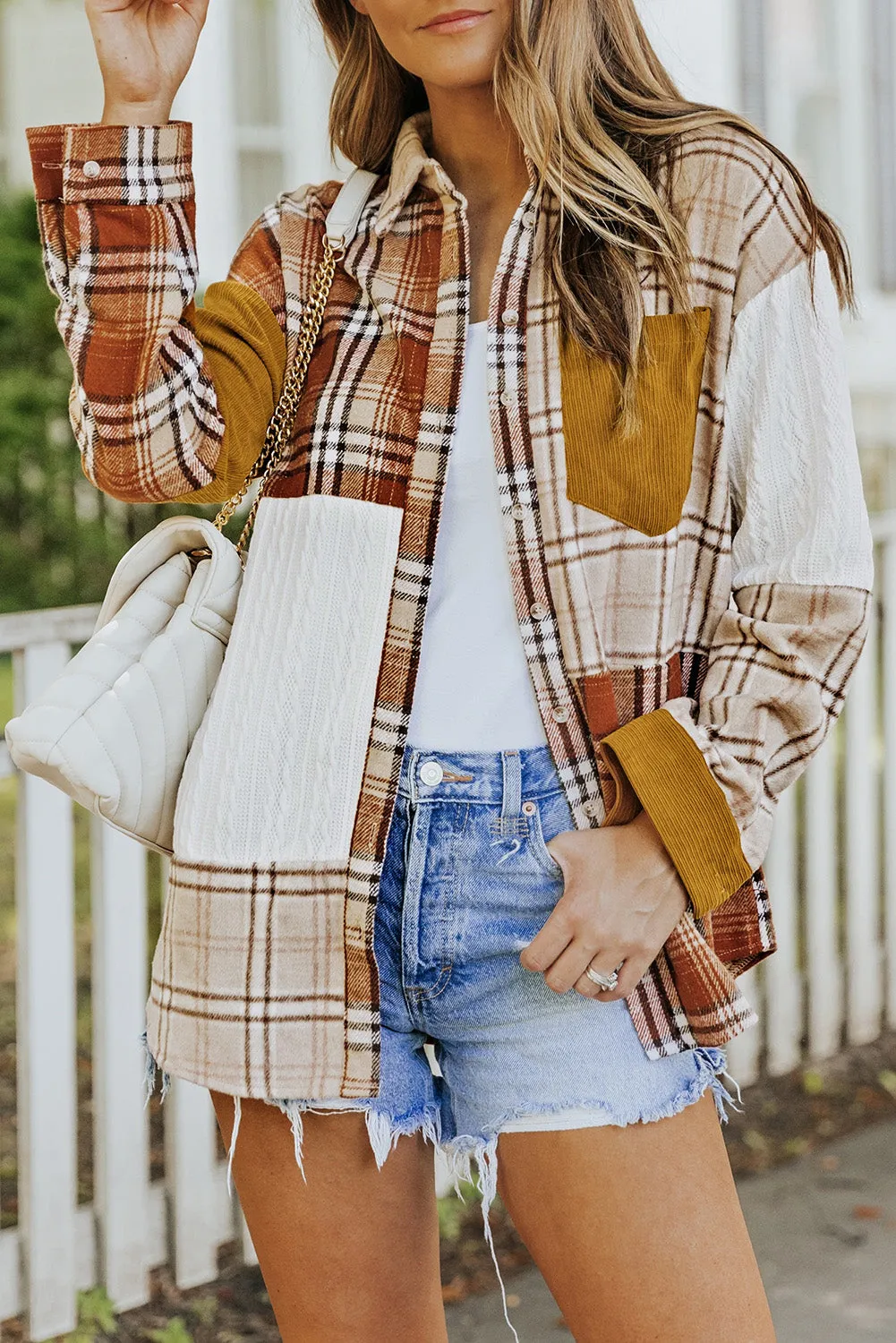 Plaid Color Block Patchwork Shirt Jacket with Pocket